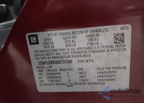 2016 Chevrolet Equinox Ltz z USA, uszkodzony, nr VIN 2GNFLGEK8G6131349